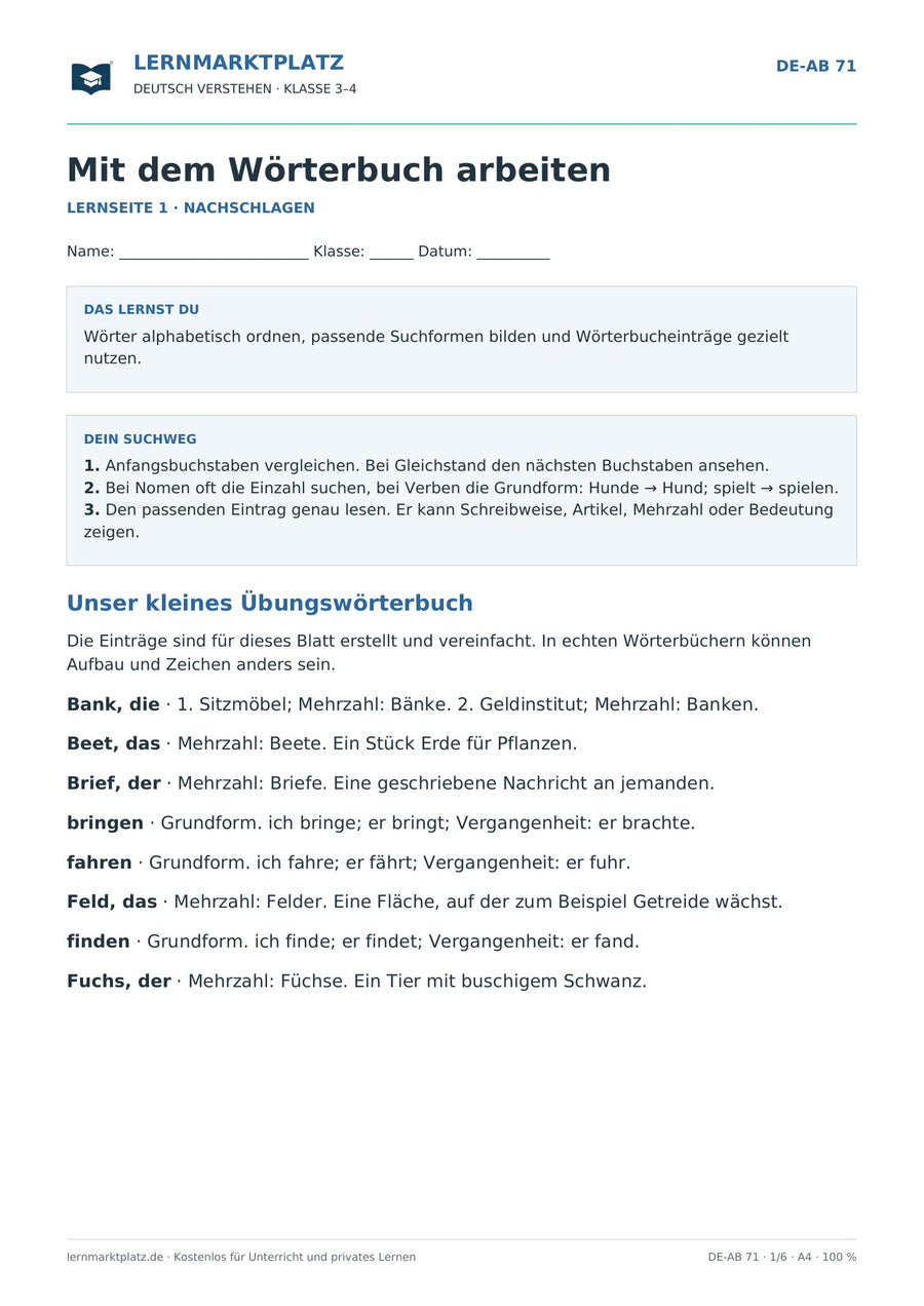 Mit dem Wörterbuch arbeiten – erste Seite des kostenlosen Deutsch-Arbeitsblatts für Klasse 3–4