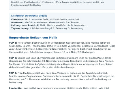 Ein Ergebnisprotokoll schreiben – erste Seite des kostenlosen Deutsch-Arbeitsblatts für Klasse 7–9