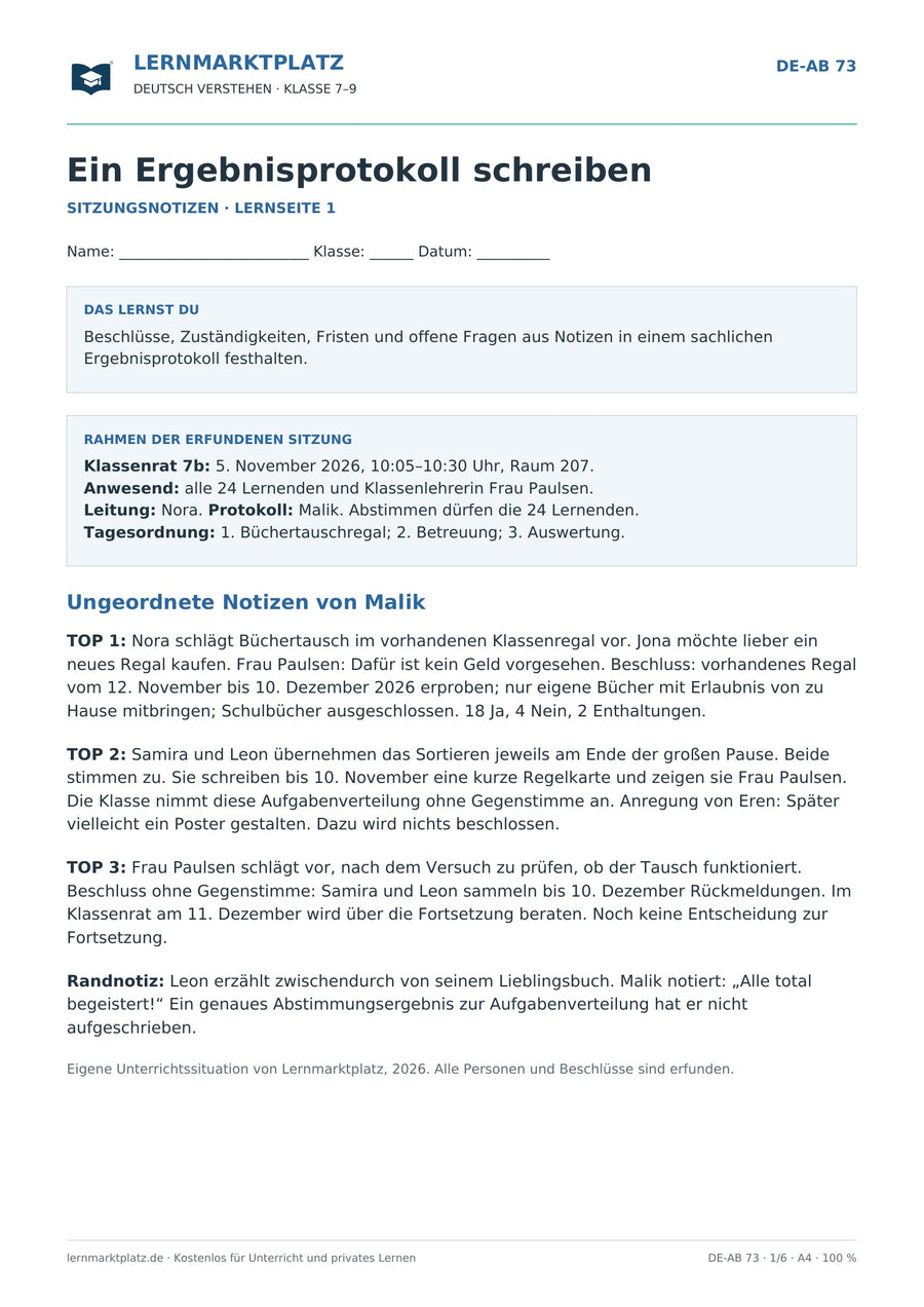 Ein Ergebnisprotokoll schreiben – erste Seite des kostenlosen Deutsch-Arbeitsblatts für Klasse 7–9