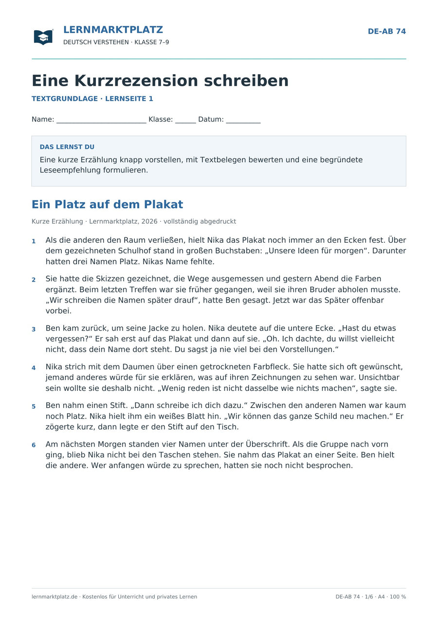 Eine Kurzrezension schreiben – erste Seite des kostenlosen Deutsch-Arbeitsblatts für Klasse 7–9