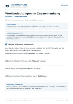 Wortbedeutungen im Zusammenhang – kostenloses Deutsch-Arbeitsblatt mit Lösungen (PDF)