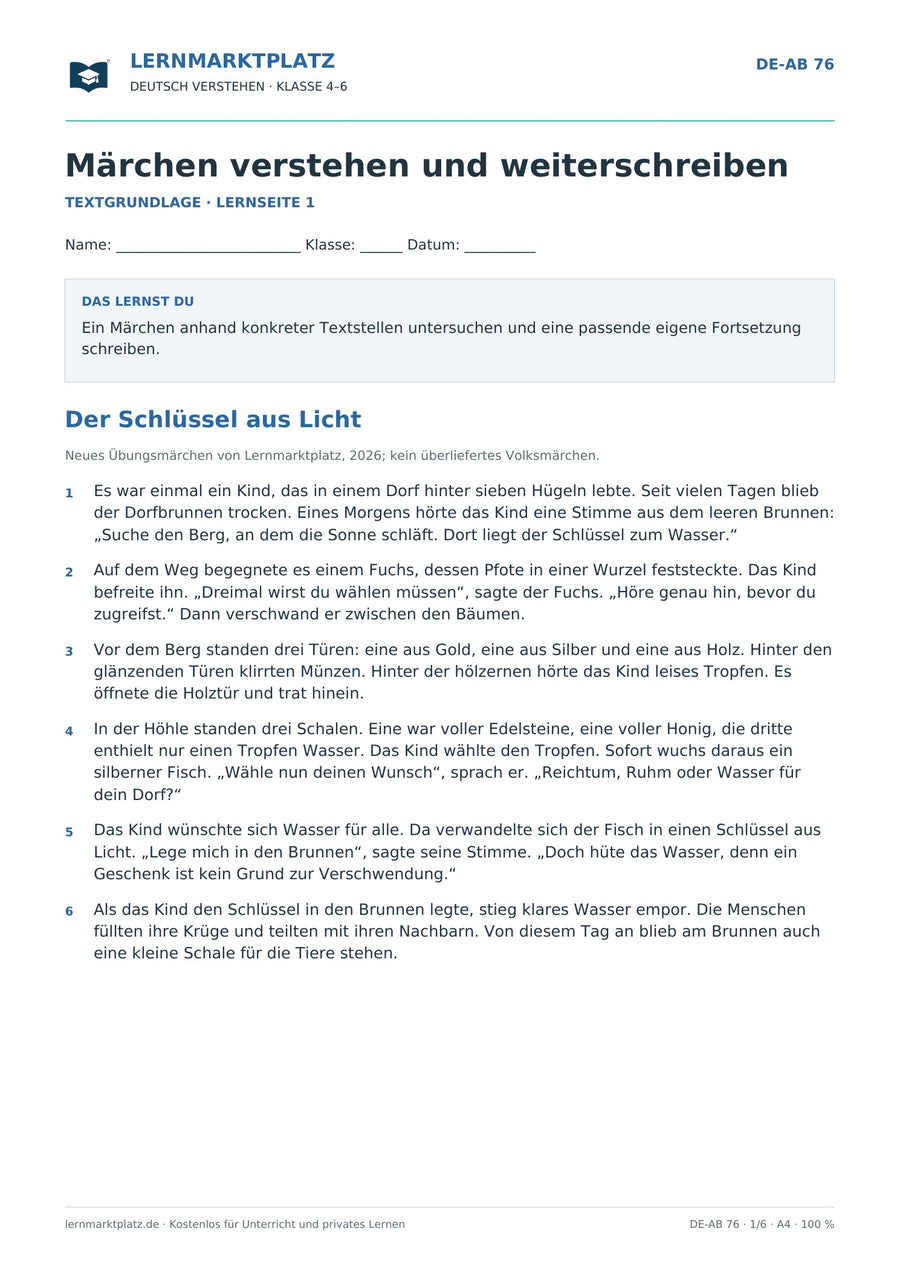 Märchen verstehen und weiterschreiben – Vorschau des Deutsch-Arbeitsblatts für Klasse 4–6 von Lernmarktplatz