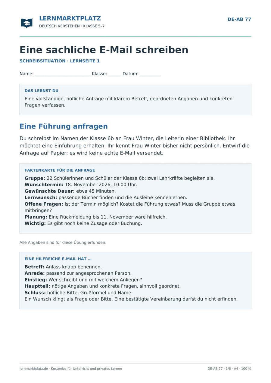 Eine sachliche E-Mail schreiben – Vorschau des Deutsch-Arbeitsblatts für Klasse 5–7 von Lernmarktplatz
