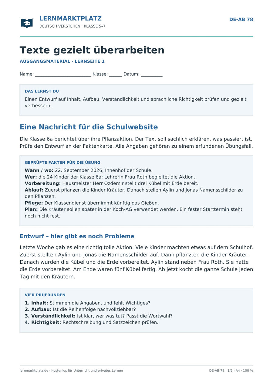 Texte gezielt überarbeiten – Vorschau des Deutsch-Arbeitsblatts für Klasse 5–7 von Lernmarktplatz