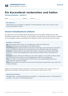 Ein Kurzreferat vorbereiten und halten – kostenloses Deutsch-Arbeitsblatt mit Lösungen (PDF)