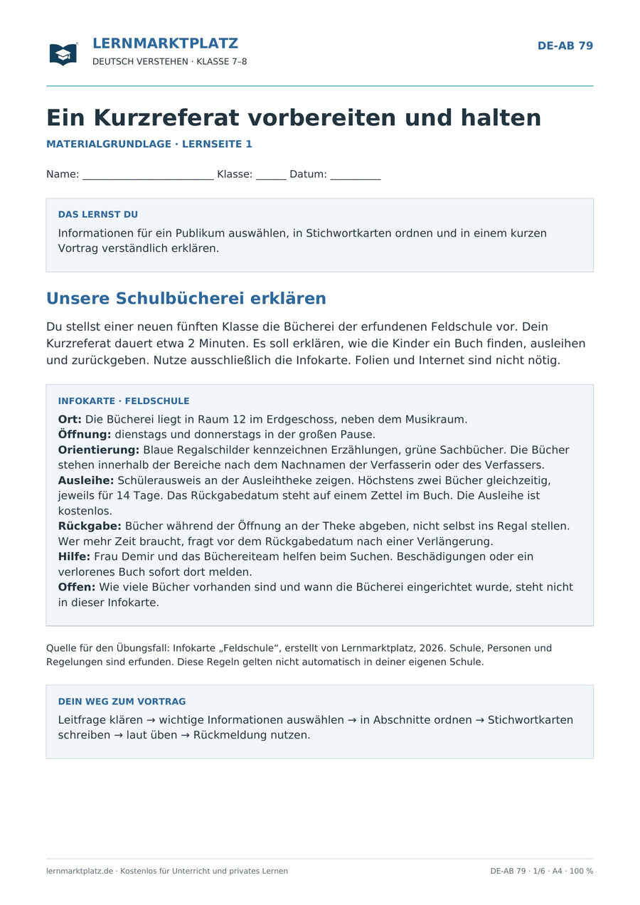 Ein Kurzreferat vorbereiten und halten – Vorschau des Deutsch-Arbeitsblatts für Klasse 7–8 von Lernmarktplatz