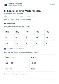 Silben lesen und Wörter bilden – kostenloses Deutsch-Arbeitsblatt mit Lösungen (PDF)