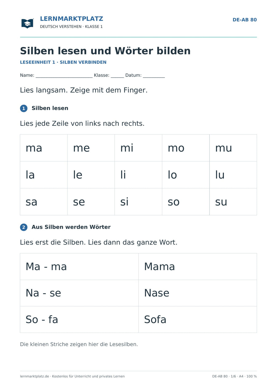 Silben lesen und Wörter bilden – Vorschau des Deutsch-Arbeitsblatts für Klasse 1 von Lernmarktplatz