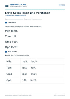 Erste Sätze lesen und verstehen – kostenloses Deutsch-Arbeitsblatt mit Lösungen (PDF)