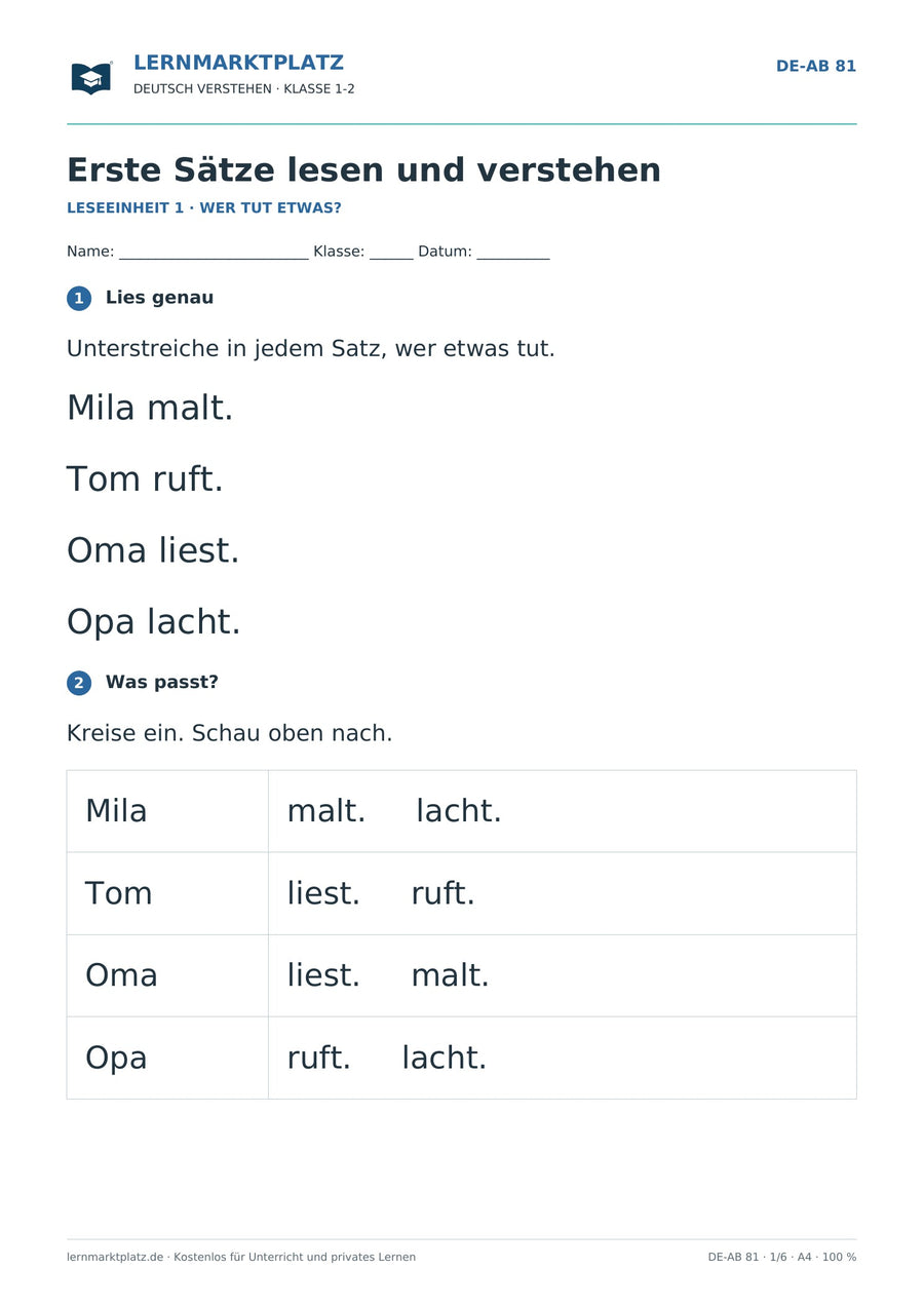 Erste Sätze lesen und verstehen – Vorschau des Deutsch-Arbeitsblatts für Klasse 1-2 von Lernmarktplatz