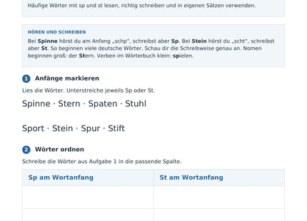 Wörter mit sp und st sicher schreiben – Vorschau des Deutsch-Arbeitsblatts für Klasse 2-3 von Lernmarktplatz