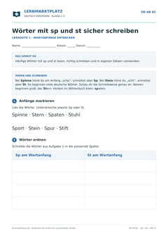 Wörter mit sp und st sicher schreiben – kostenloses Deutsch-Arbeitsblatt mit Lösungen (PDF)