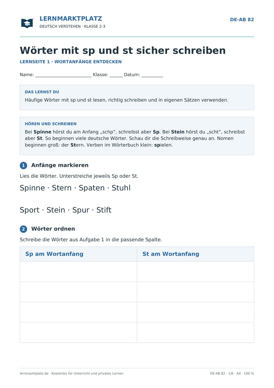 Wörter mit sp und st sicher schreiben – Vorschau des Deutsch-Arbeitsblatts für Klasse 2-3 von Lernmarktplatz