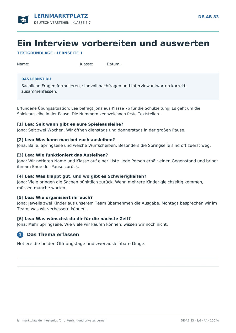 Ein Interview vorbereiten und auswerten – Vorschau des Deutsch-Arbeitsblatts für Klasse 5-7 von Lernmarktplatz