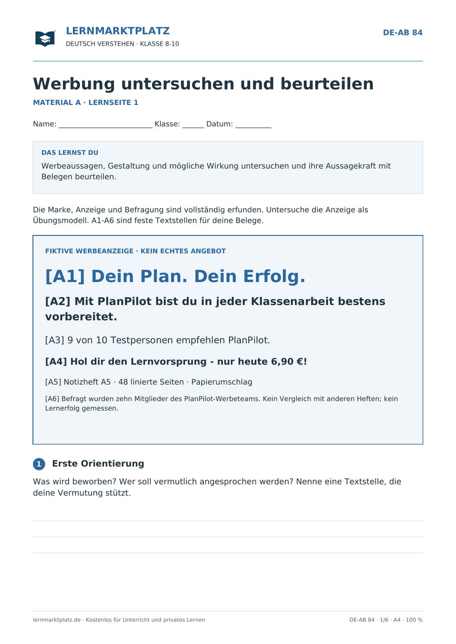 Werbung untersuchen und beurteilen – Vorschau des Deutsch-Arbeitsblatts für Klasse 8-10 von Lernmarktplatz