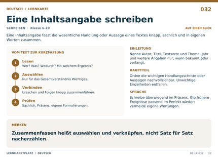 Deutsch: Eine Inhaltsangabe schreiben – A5-Lernkarte mit Übersicht und Selbstcheck