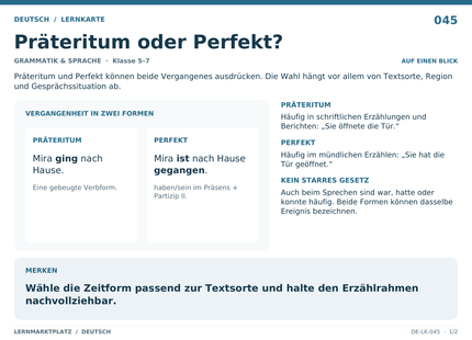 Deutsch: Präteritum oder Perfekt? – A5-Lernkarte mit Übersicht und Selbstcheck