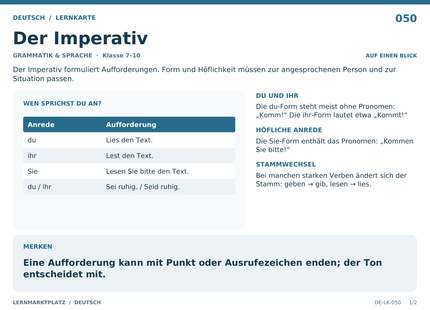 Deutsch: Der Imperativ – A5-Lernkarte mit Übersicht und Selbstcheck