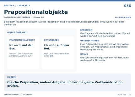 Deutsch: Präpositionalobjekte – A5-Lernkarte mit Übersicht und Selbstcheck
