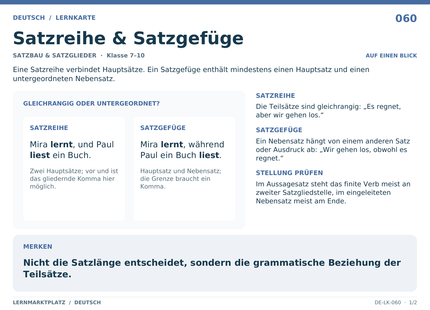 Deutsch: Satzreihe & Satzgefüge – A5-Lernkarte mit Übersicht und Selbstcheck