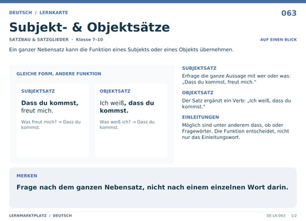 Deutsch: Subjekt- & Objektsätze – A5-Lernkarte mit Übersicht und Selbstcheck