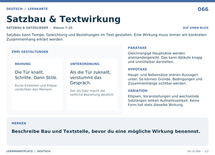 Deutsch: Satzbau & Textwirkung – A5-Lernkarte mit Übersicht und Selbstcheck