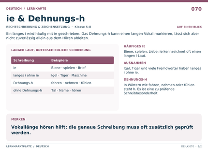 Deutsch: ie & Dehnungs-h – A5-Lernkarte mit Übersicht und Selbstcheck
