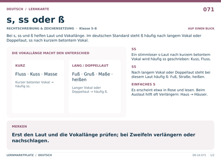Deutsch: s, ss oder ß – A5-Lernkarte mit Übersicht und Selbstcheck
