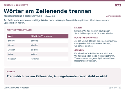 Deutsch: Wörter am Zeilenende trennen – A5-Lernkarte mit Übersicht und Selbstcheck