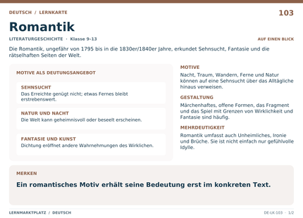 Deutsch: Romantik – A5-Lernkarte mit Übersicht und Selbstcheck