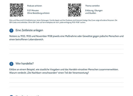 Hörarbeitsblatt zur Folge Die Nachbarn verschwinden aus dem Alltag: Cover, QR-Codes, Zeitleiste und Quellenfragen.
