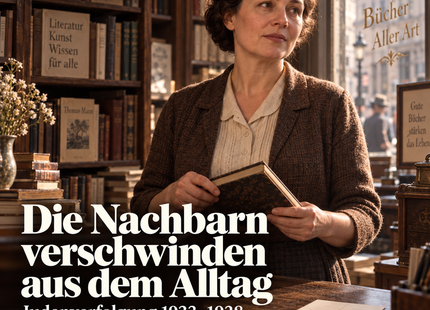 Erfundene Buchhändlerin in einer Buchhandlung 1932 – Cover zur Folge Die Nachbarn verschwinden aus dem Alltag. KI-Illustration, keine Darstellung der Familie Appel.