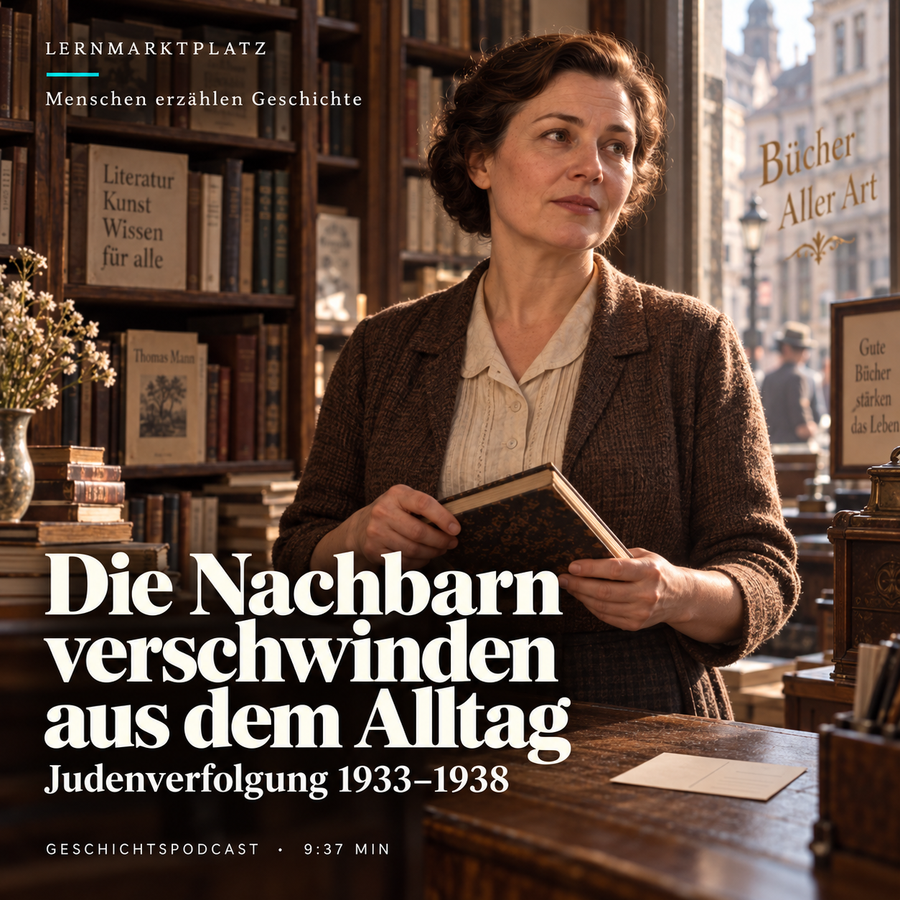 Erfundene Buchhändlerin in einer Buchhandlung 1932 – Cover zur Folge Die Nachbarn verschwinden aus dem Alltag. KI-Illustration, keine Darstellung der Familie Appel.