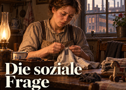 Die soziale Frage – Menschen erzählen Geschichte. KI-generierte historische Illustration.