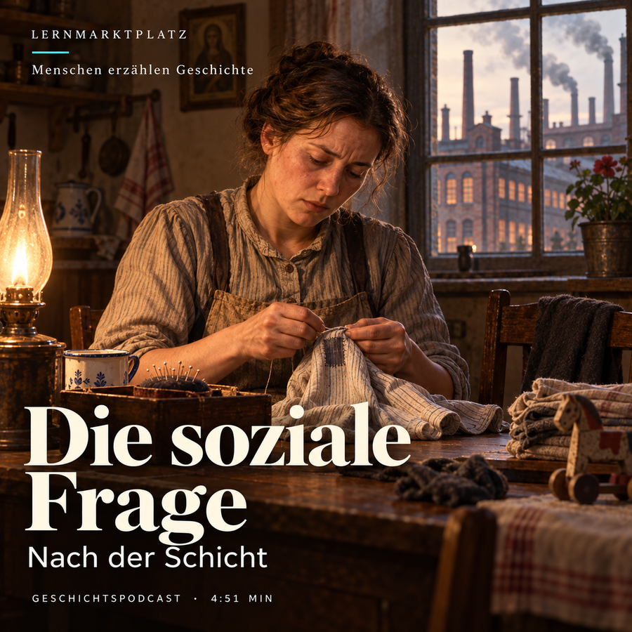 Die soziale Frage – Menschen erzählen Geschichte. KI-generierte historische Illustration.