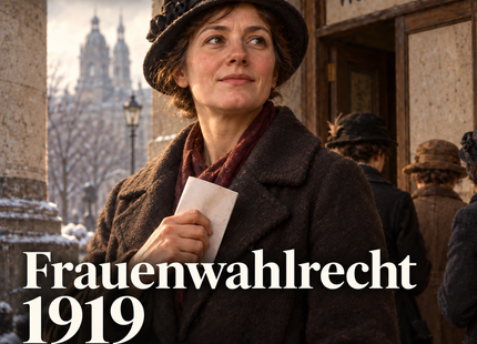 Frauenwahlrecht 1919 – Menschen erzählen Geschichte. KI-generierte historische Illustration.