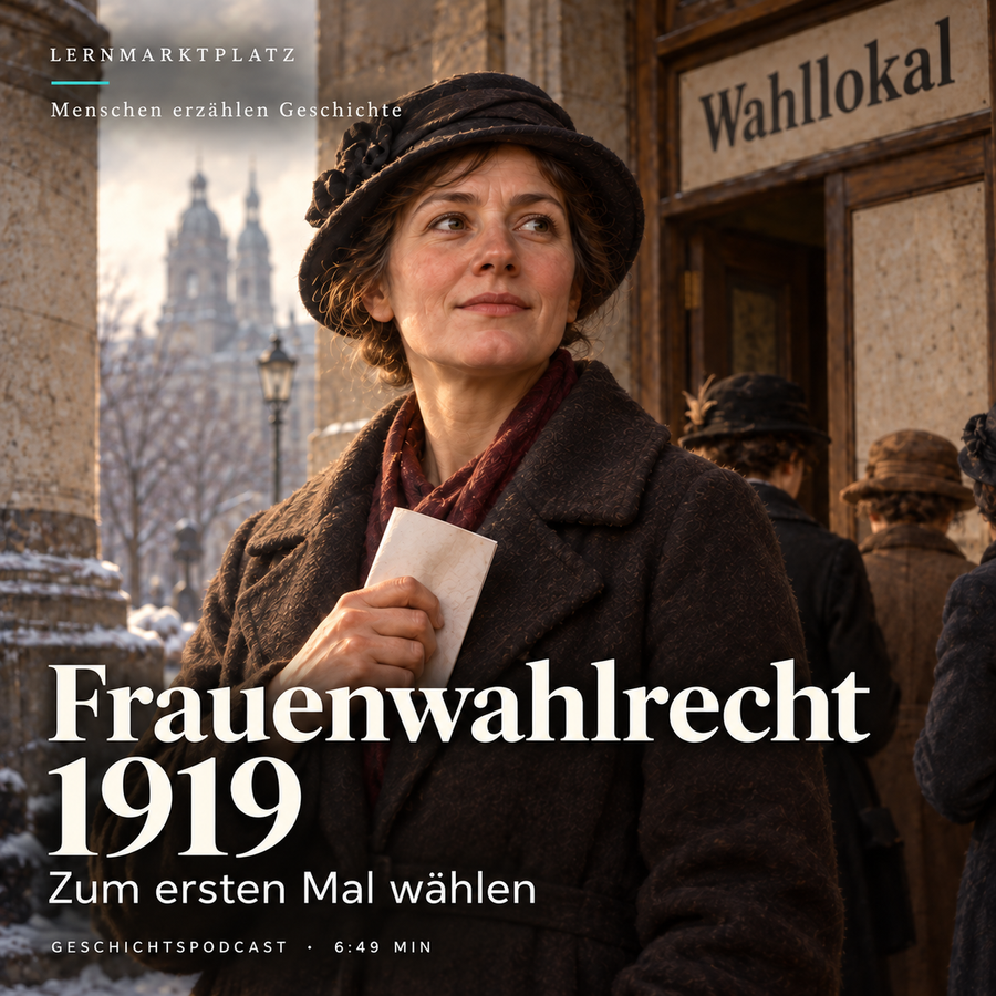 Frauenwahlrecht 1919 – Menschen erzählen Geschichte. KI-generierte historische Illustration.
