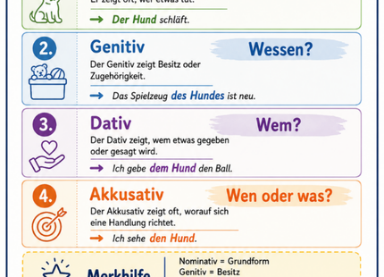 Die 4 Fälle – Deutsch-Lernkarte (kostenloses PDF)