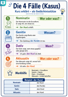 Die 4 Fälle – Deutsch-Lernkarte (kostenloses PDF)