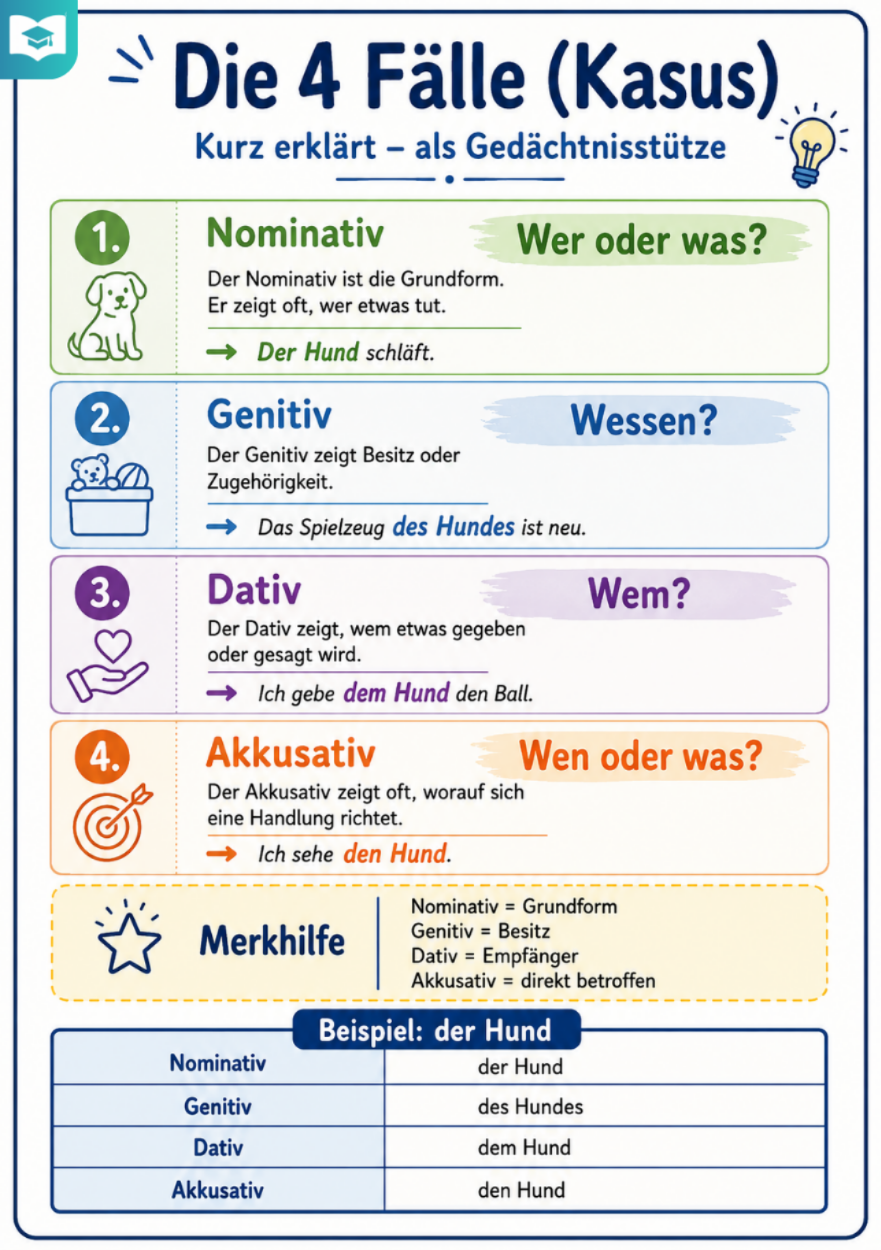 Die 4 Fälle – Deutsch-Lernkarte (kostenloses PDF)