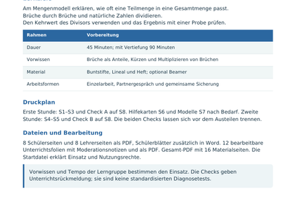 Brüche dividieren – Lehrerübersicht mit Lernzielen und Druckplan