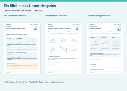 Einblick in die Lehrer-Ablaufkarte, Musterwerkstatt und Erarbeitung zu Seitenarten im Unterrichtspaket Dreiecke