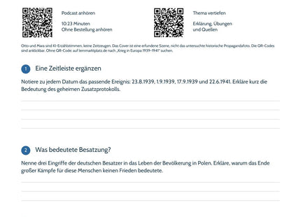 Hörarbeitsblatt zur Folge Ein Krieg beginnt und wird zum Vernichtungskrieg – Cover, QR-Codes und Aufgaben zu Zeitleiste, Besatzung und Quellenkritik.