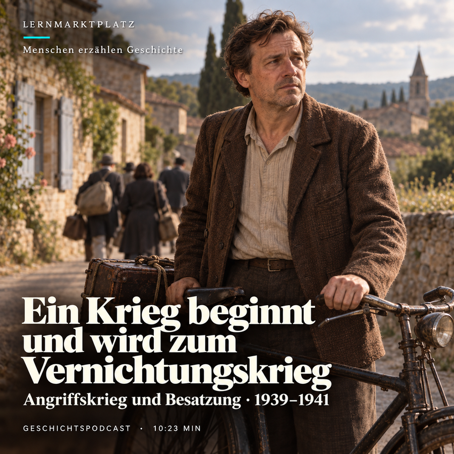 Erfundener französischer Zivilist mit Fahrrad und Gepäck, 1940 – Cover zu Ein Krieg beginnt und wird zum Vernichtungskrieg. KI-Illustration.