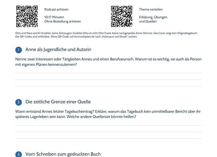 Hörarbeitsblatt Ein Tagebuch bleibt – Anne Frank und der Holocaust: symbolisches Cover, QR-Codes und Aufgaben zur Biografie und Quellenkritik.