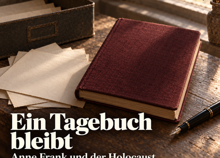 Symbolisches Motiv mit Heft, Papier und Füller – Ein Tagebuch bleibt: Anne Frank und der Holocaust. KI-Illustration, keine Abbildung von Annes Originaltagebuch.