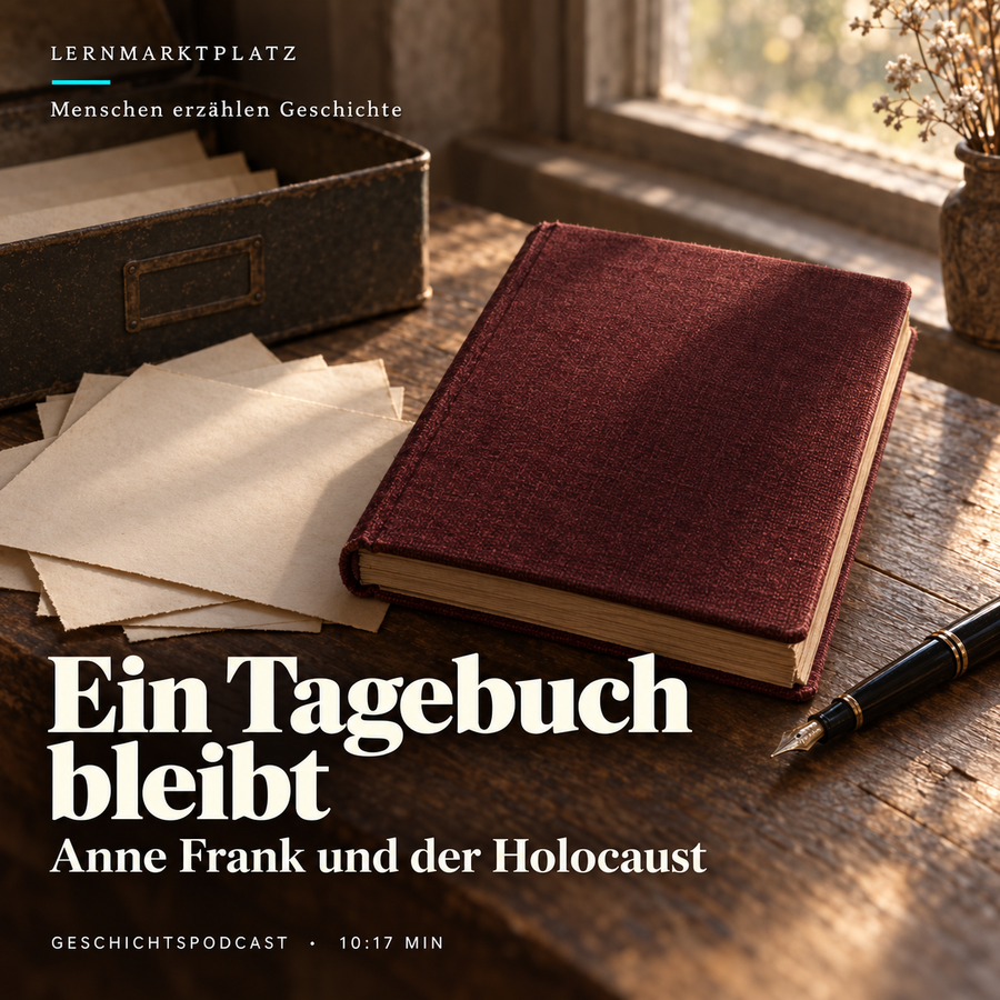 Symbolisches Motiv mit Heft, Papier und Füller – Ein Tagebuch bleibt: Anne Frank und der Holocaust. KI-Illustration, keine Abbildung von Annes Originaltagebuch.