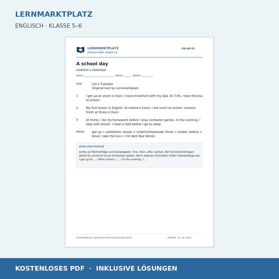 Englisch: Einen Tagesablauf verstehen – kostenloses Arbeitsblatt mit Lösungen (PDF)