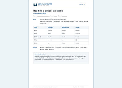 Englisch: Einen Stundenplan lesen – kostenloses Arbeitsblatt mit Lösungen (PDF)