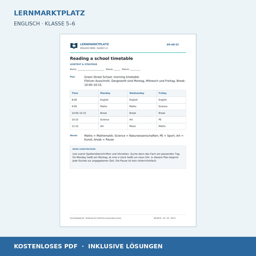 Englisch: Einen Stundenplan lesen – kostenloses Arbeitsblatt mit Lösungen (PDF)